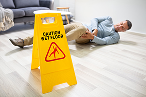 A person lying on the floor with a caution sign